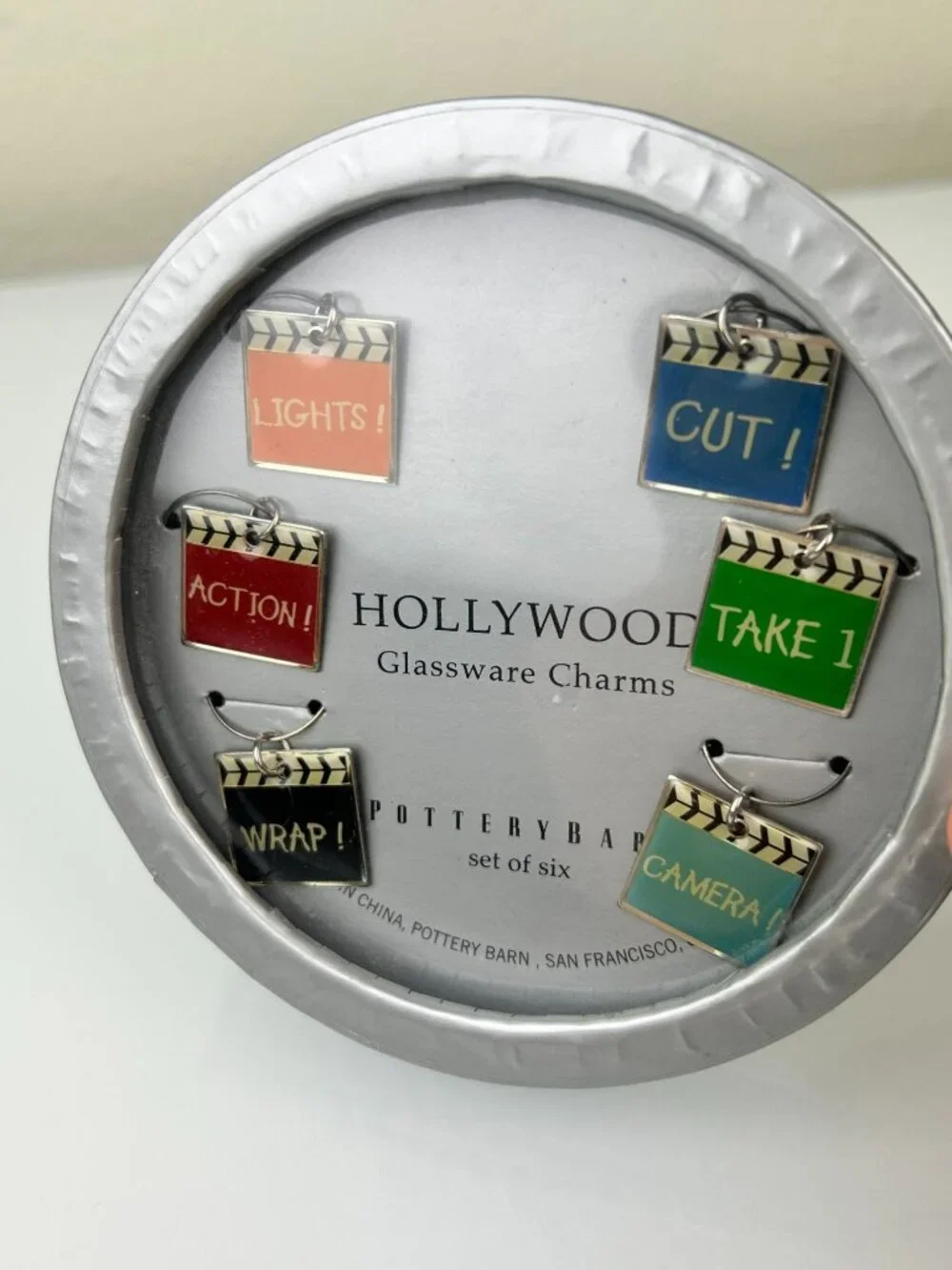 Pottery Barn Hollywood Glassware Stemware Charms Movie Cinema Theme Colorful NEW